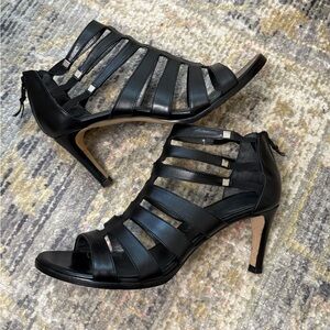 Stuart Weitzman Outing Heeled Sandal Black Leather Strappy Cage Design